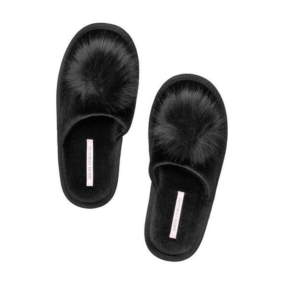 Victoria's Secret Shoes - VICTORIA’S SECRET Black Pom Pom Slippers NWT